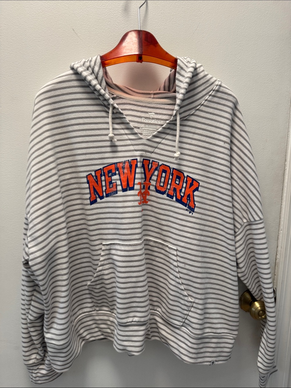Fanatics New York Striped V-Neck Hoodie in White and Gray with Orange Logo